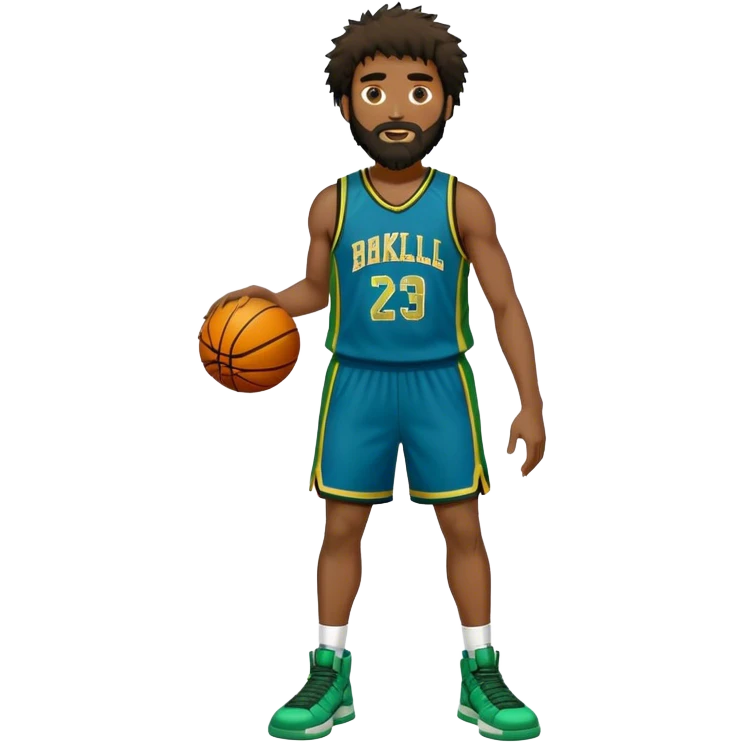 full body wHITE MA WITH GOLD TEE BEARD DARKSHAGGY HAIR BASKETBALL PLAYER WEARING BLUE AND GREE UNIFORM emoji