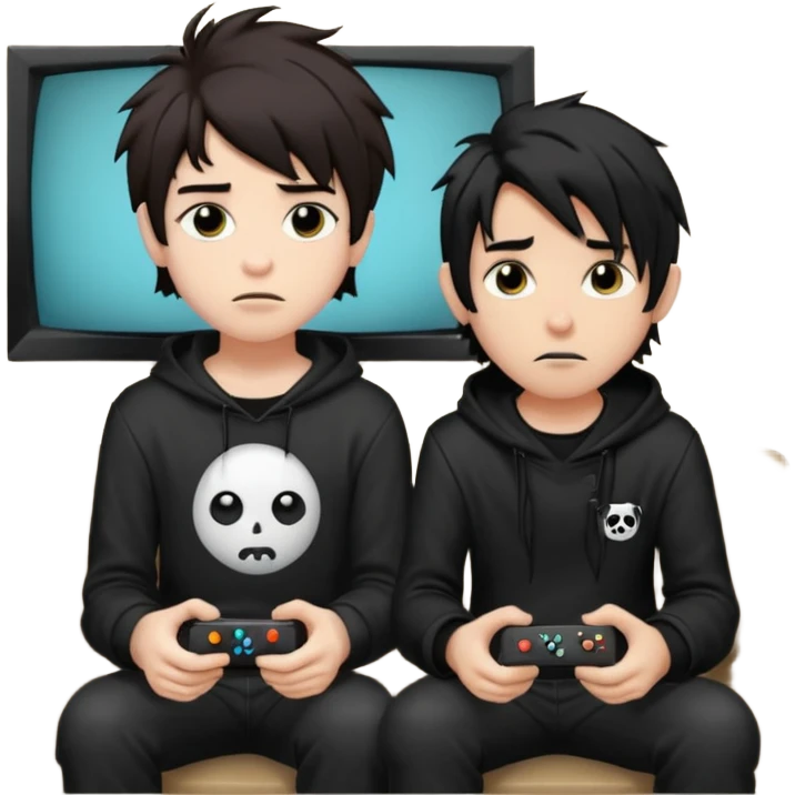pale Goth boy with a bunch of face piercings, with shaggy dark brown hair, next to a tan skin gamer boy with long black hair , they are watching tv together  emoji