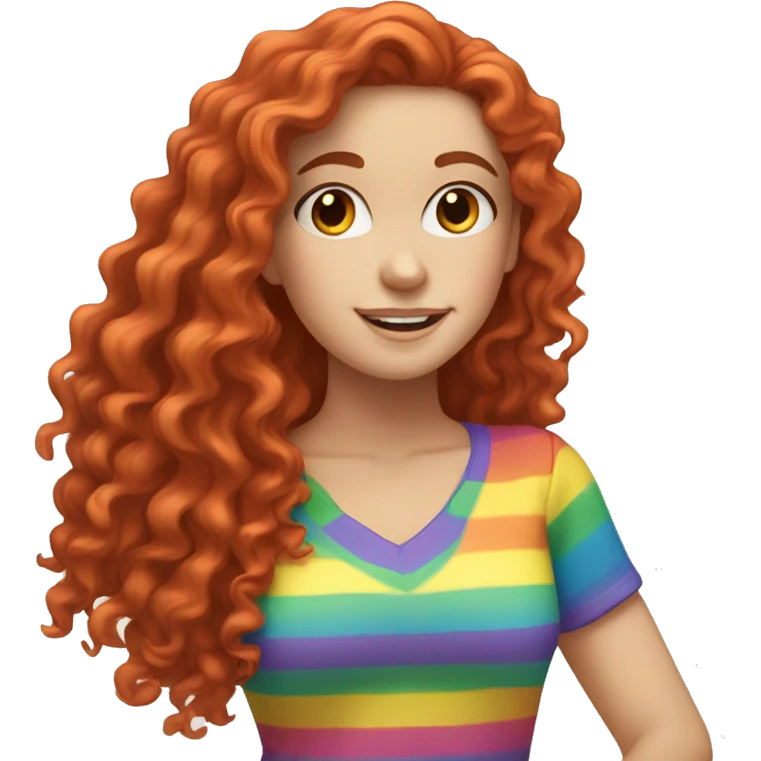 white girl with long red curly hair, wearing a rainbow shirt doing a pose emoji