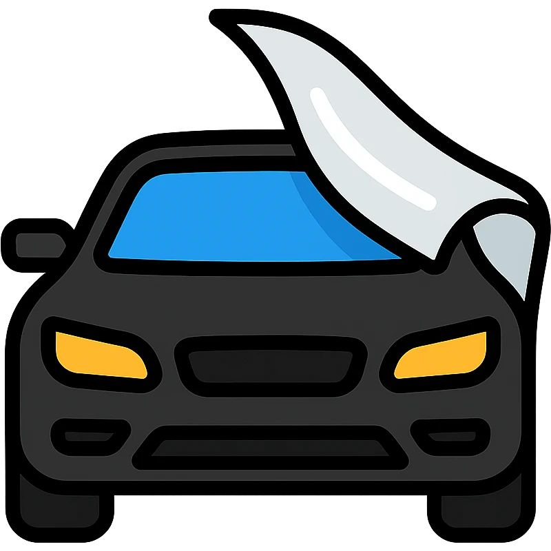 icon of a high-end black car partially covered by a rolled transparent or light gray film, glossy black as main color, film with curved effect to suggest adhesion, modern and clean style, no text emoji
