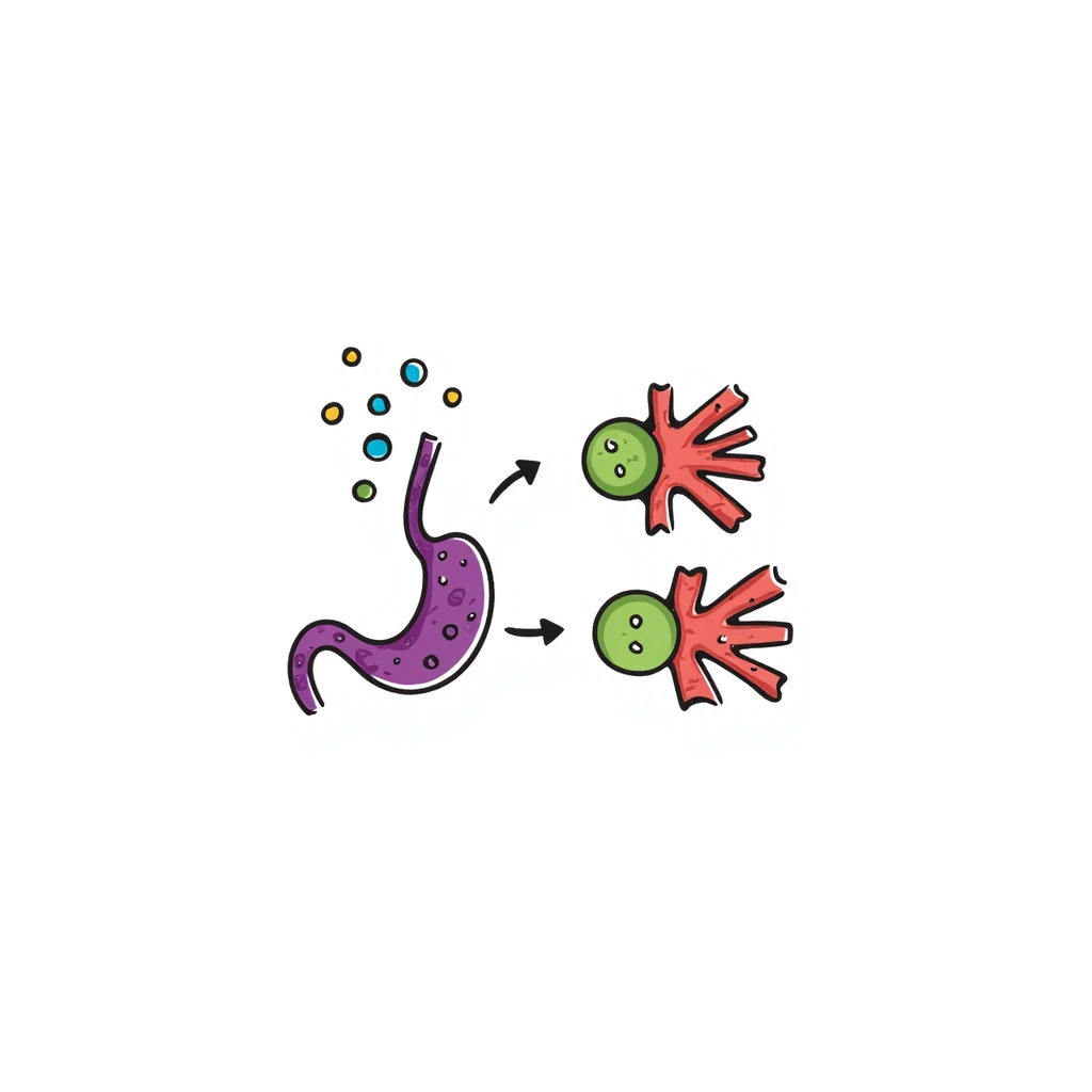 Anatomical diagram of anti-diabetic mechanism: purple pancreas releasing blue insulin molecules, red blood vessels with yellow glucose particles, green cell receptors accepting insulin. Hand-drawn illustration showing glucose regulation with arrows indicating reduced blood sugar levels. emoji