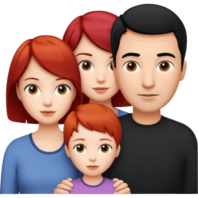 a family of three, all three white: the mother with short red hair, the father with black hair, and the daughter with black hair girl emoji