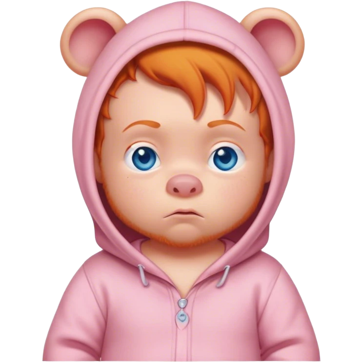 Grumpy ginger baby with blue eyes in onesie with Winnie the Pooh and Piglet on it emoji