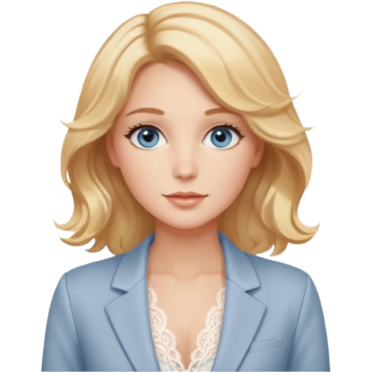 A gentle woman with fair skin, wavy honey-blonde hair, and calm gray-blue eyes. She wears blush lace lingerie and a white blazer, radiating soft confidence and warmth. emoji