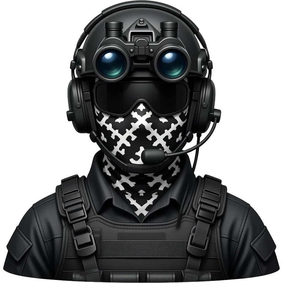 man wearing a black special tactics medical force outfit and a black COMBAT BOOTS PLATEface total painted black and a black and white patterned balaclava and wears a headset and a big black night vision device on his headtop with a helmet and a mask emoji