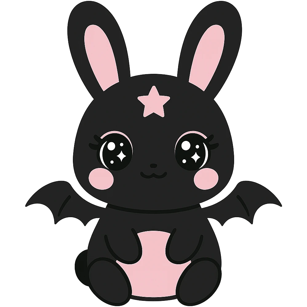 kawaii style magical gothic bunny inspired by BLACKPINK, adorable face, black and pink fur, big eyes, tiny bat wings, fun and stylish emoji