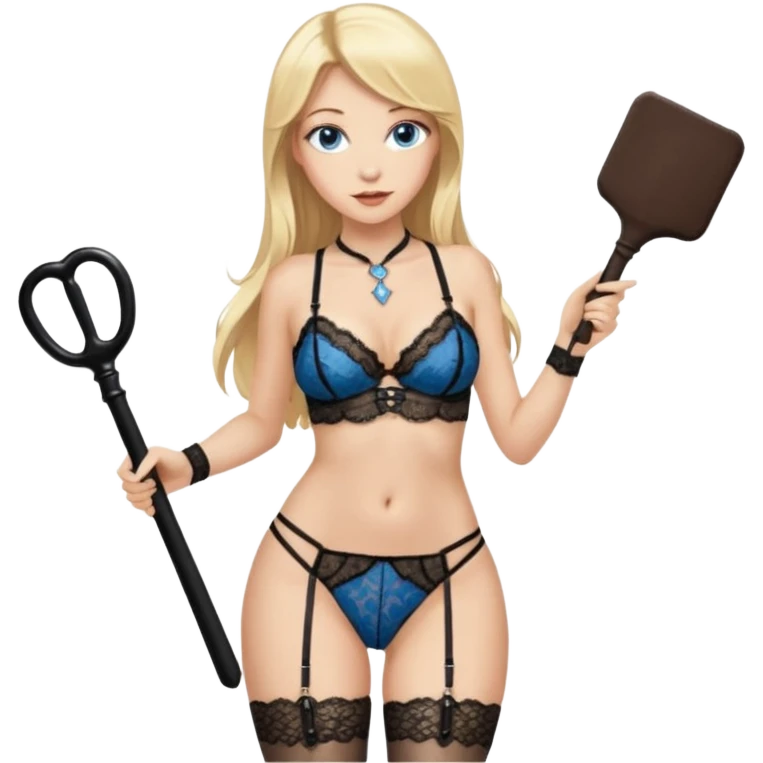 Long blonde hair blue eyes in black lingerie with stockings and harder belt with a key around her neck and a small rectangular leather paddle in one hand and nothing in the other emoji