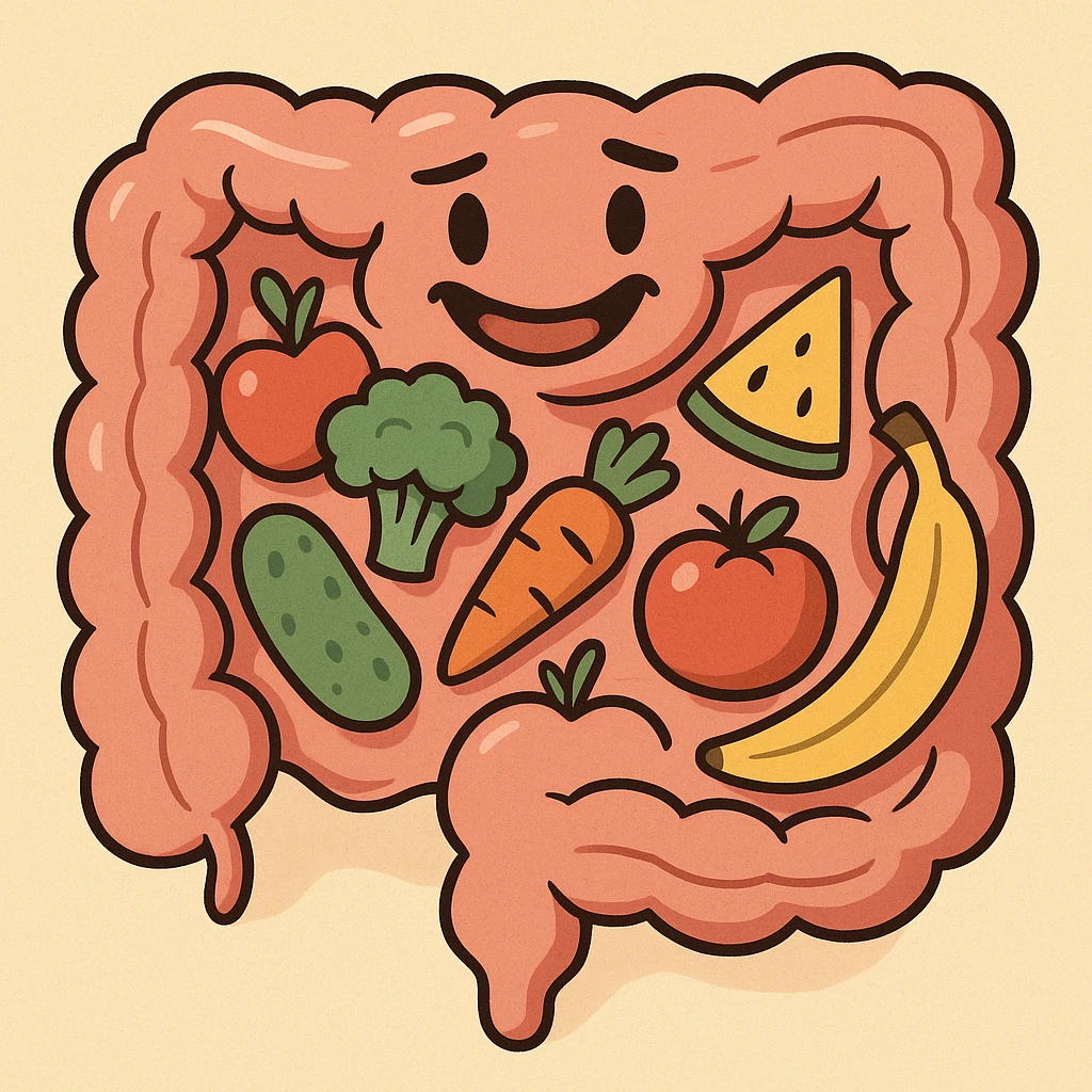 cartoon intestines with fruit and vegetables inside, playful and bright emoji