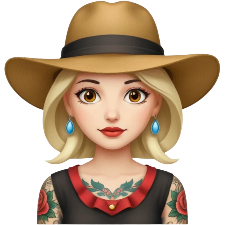 Woman with sleeve tattoos and wide-brim hat emoji