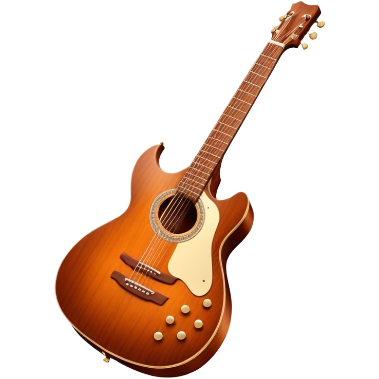 Cinematic Realistic Guitar, smooth mahogany body with deep wood grain, metal strings catching soft reflections, intricate tuning pegs gleaming subtly, warm light accentuating the contours, glowing with the warmth of music and craftsmanship. emoji