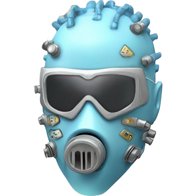 Pastel blue Mohawk cyborg head with silver respirator mask, goatee and circuits emoji