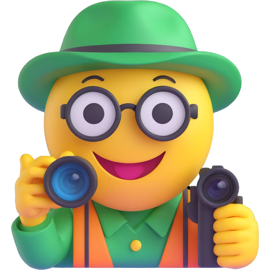 3D smiley emoji, round shape, hunter wearing green hat, holding binoculars, smiling face emoji