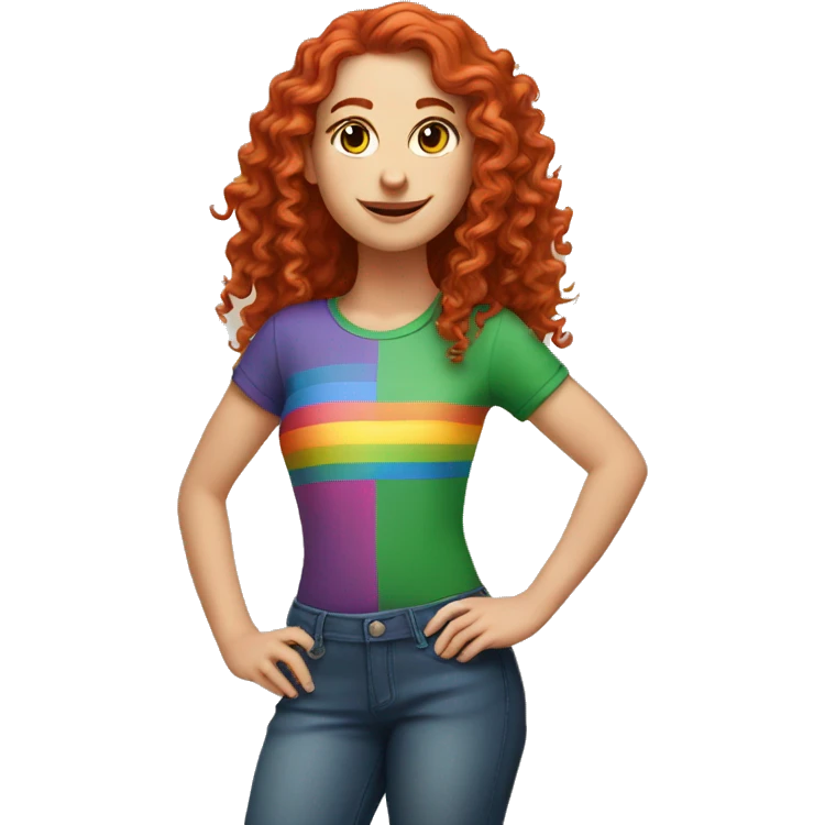 white girl with long red curly hair, wearing a rainbow shirt doing a pose emoji