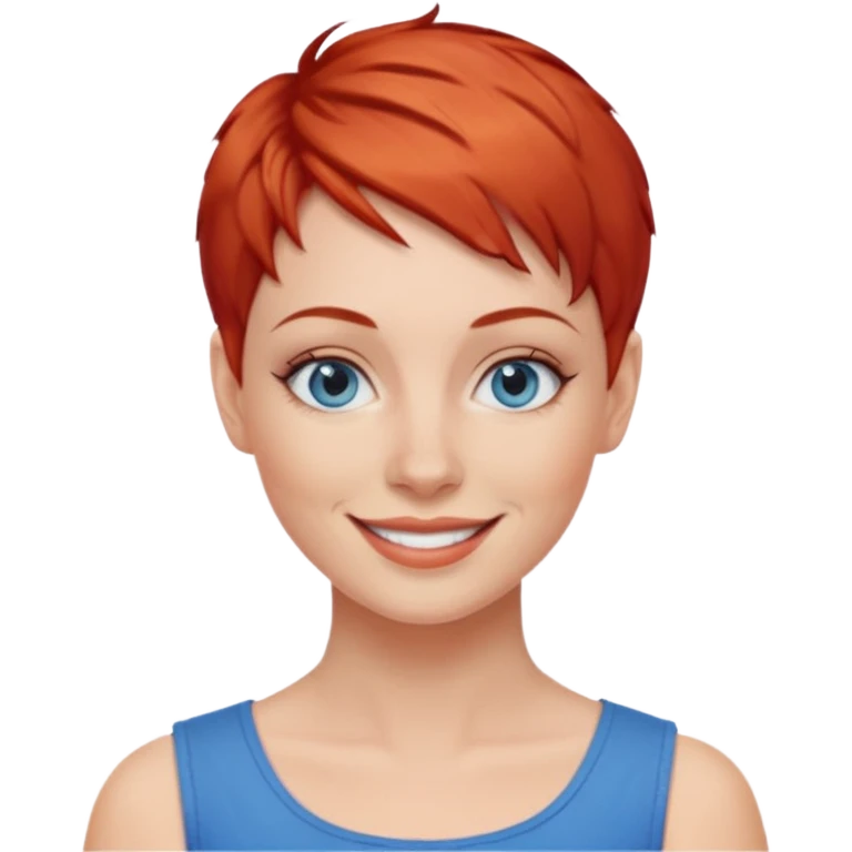 27 year old white woman, red hair, pixie cut, blue eyes emoji