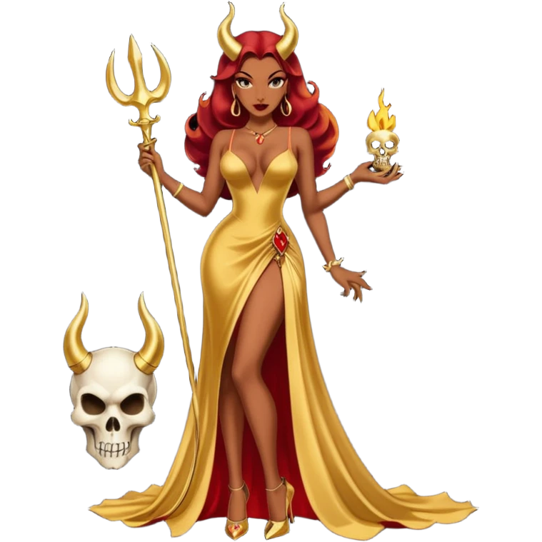 Sexy, playboy woman brown courtly hair seductress devil horns gold long dresss with slit, Jessica rabbit style holding a skull  sitting on top of gold wearing tall platform heels emoji