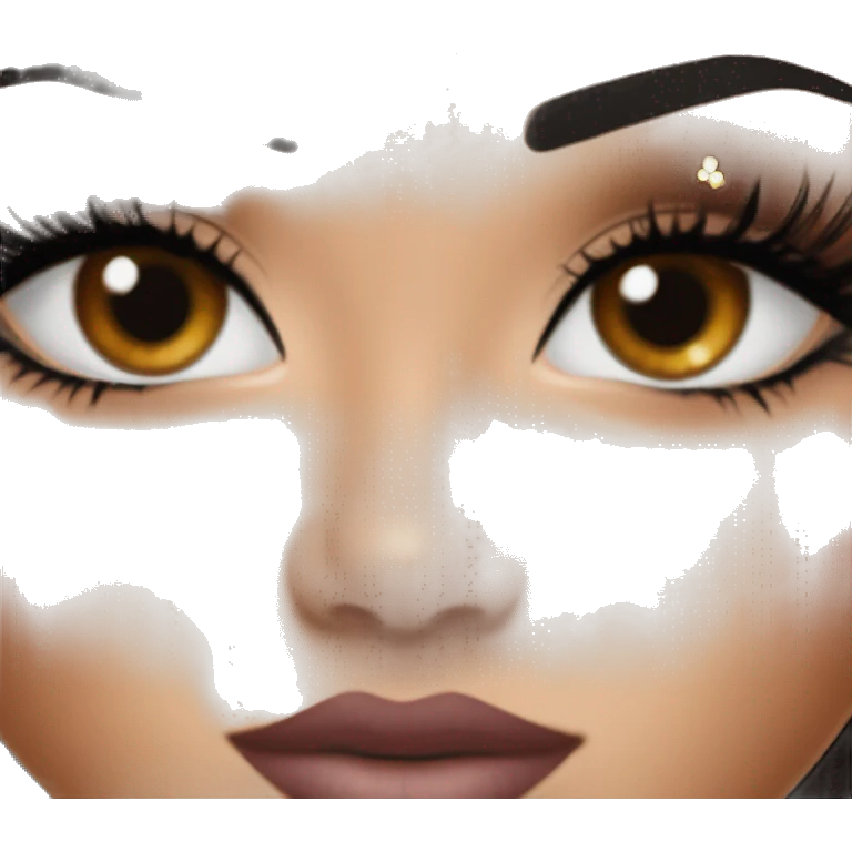 Alexa Demie euphoria sho: warm brown eyes, bold black sharp eyeliner, sparkly rhinestones on eyes, dark arched brows, full nude-berry lips, light skin, high cheekbones, sleek dark brown long straight hair in ponytail.

 emoji