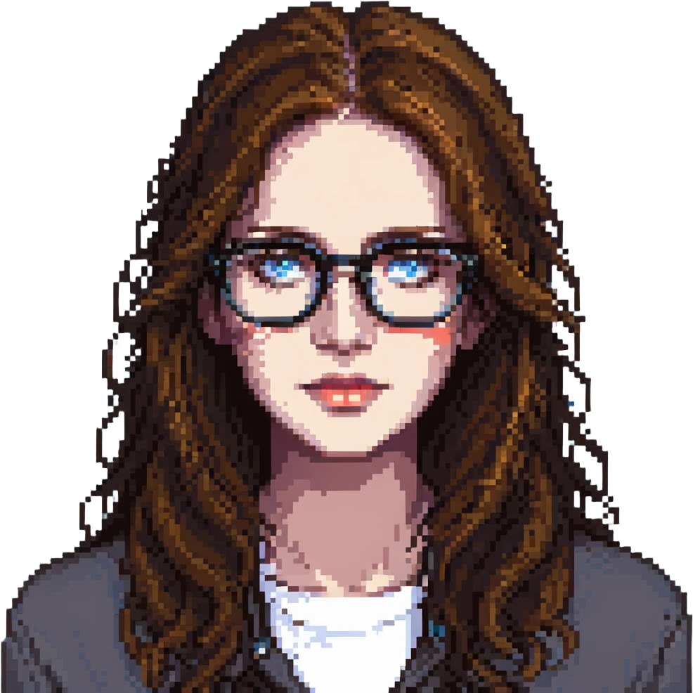 cute woman with glasses, long brown hair, blue eyes emoji