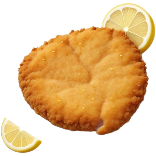 Cinematic Realistic Veal Schnitzel Dish Emoji, depicted as a golden, breaded veal cutlet served with lemon rendered with crisp textures and inviting, natural lighting. emoji