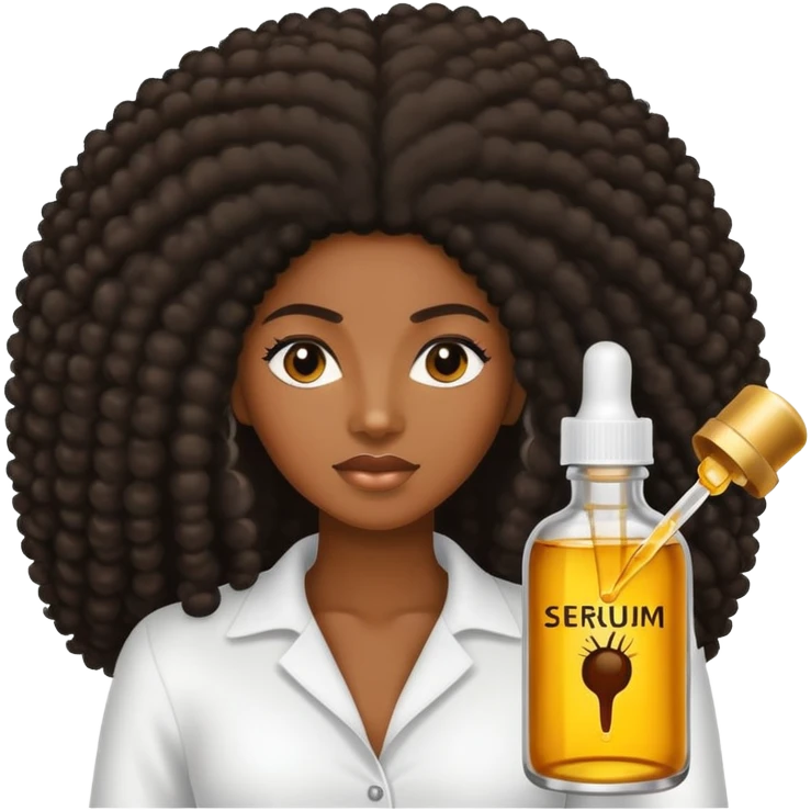 Serum Bottle, hair growth oil. Label is black woman with long afro hair. emoji