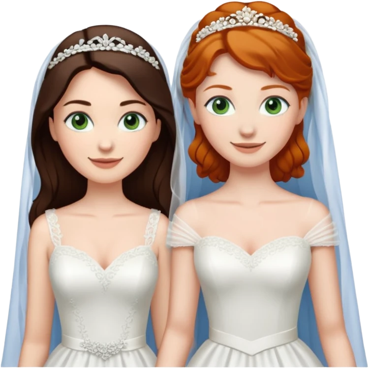 A tall, pale woman with very dark brown hair and green eyes marrying a shorter ginger woman with blue eyes, both in wedding dresses. emoji