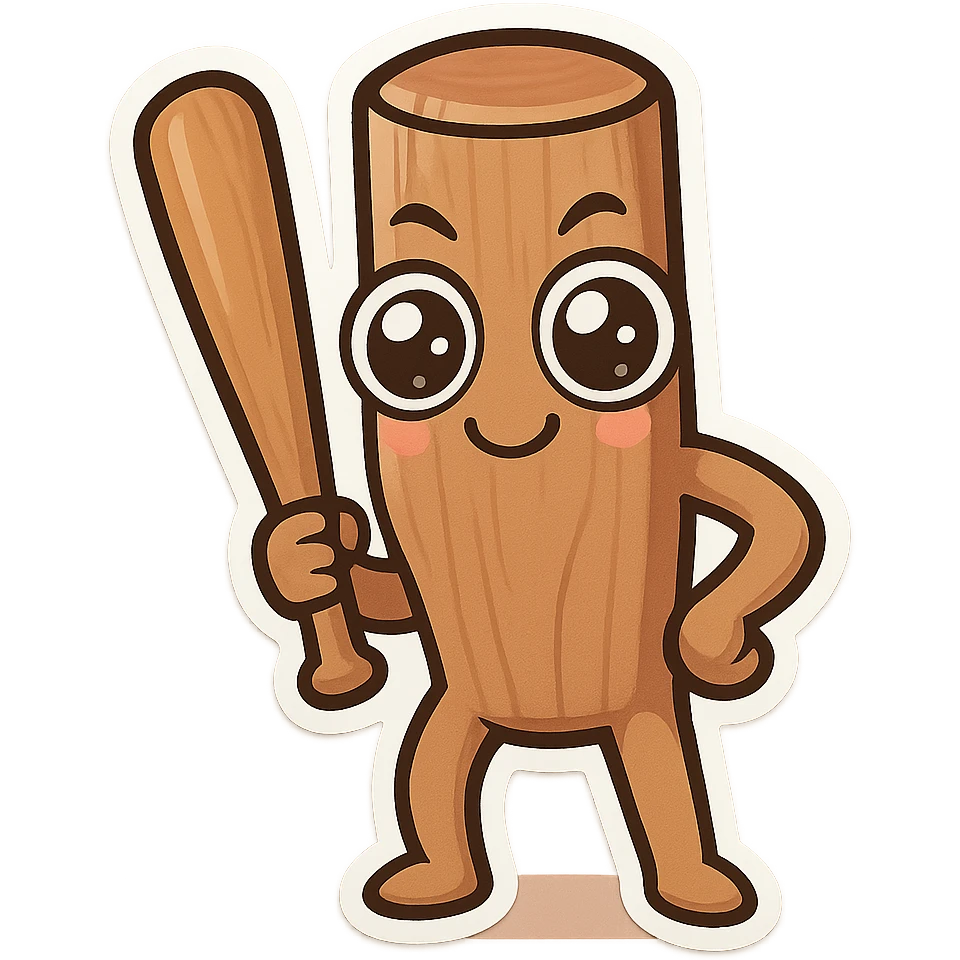 chibi emoji of Tun Tun Suhoor, wooden stick body, smooth brown wood, big sparkling cartoon eyes, subtle smile, human arms and legs, holding a wooden bat, over-the-top funny meme, no text emoji