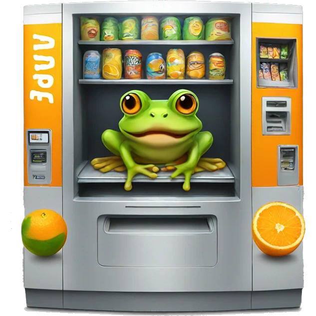 a frog in a vending machine eating oranges emoji