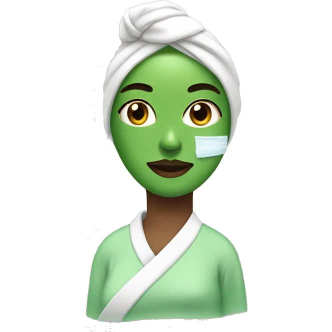 Girl with hair wrapped in towel doing skincare with green face mask on emoji