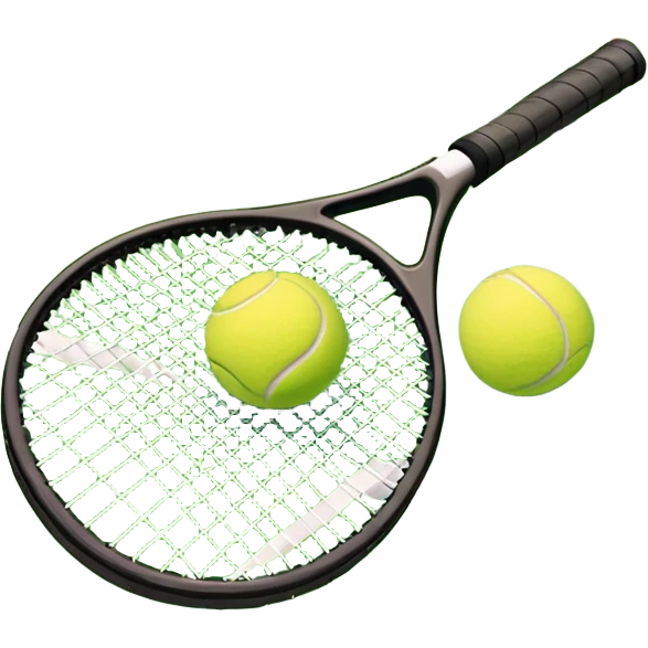 A tennis racket and a ball placed on the ground, with a tennis court in the background. The court lines and net are visible, emphasizing the structure and focus of the sport, creating a dynamic and energetic vibe. emoji
