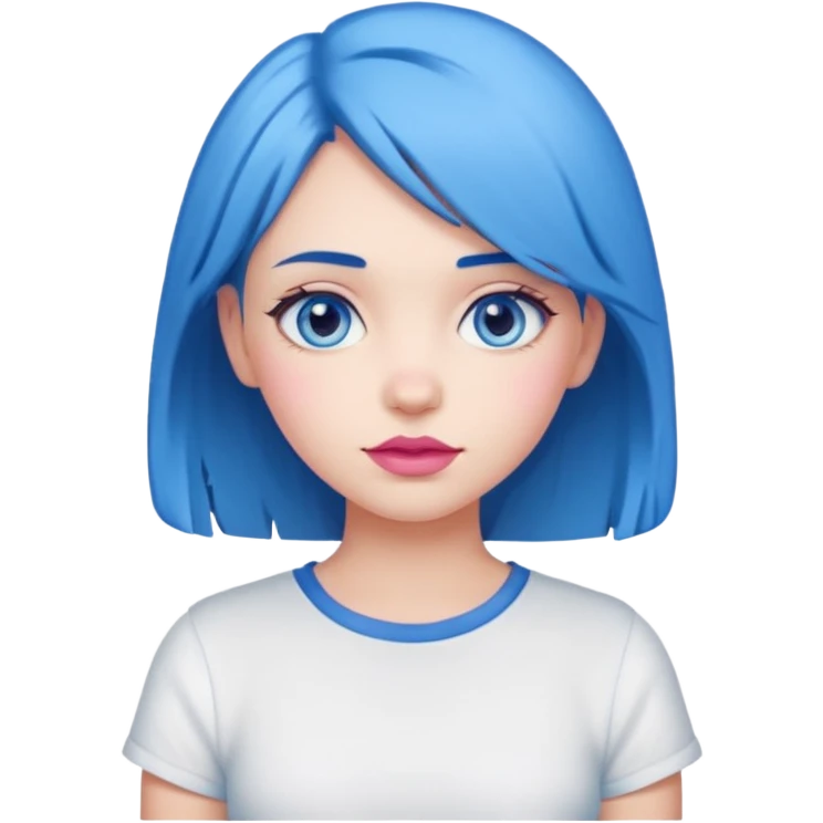 girl with blue hair to shoulders, blue eyes, pink lips, wearing a white shirt emoji