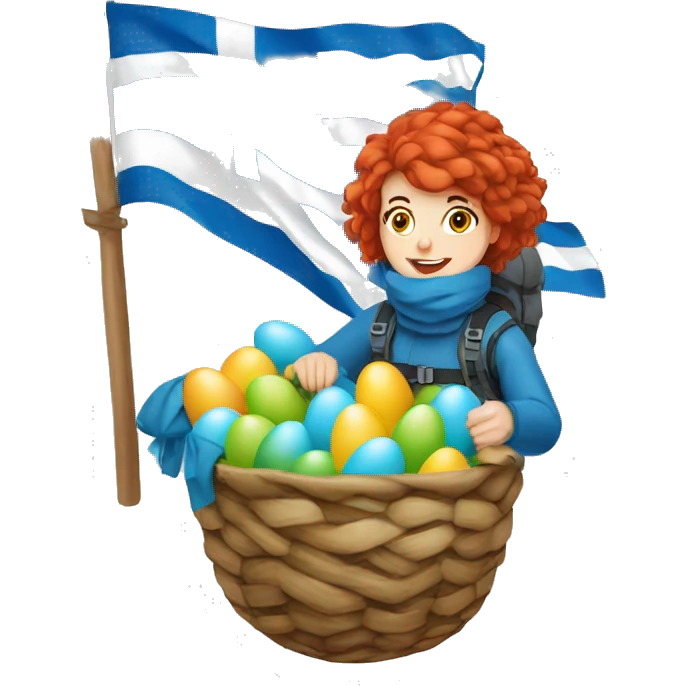 Greek Female winter mountaineer red hair white skin climbing with Greek Flag and Easter eggs basket emoji