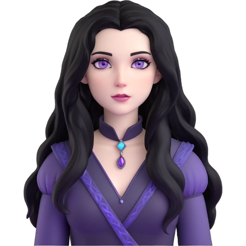 Yennefer from Witcher with long black hair, violet eyes, pale skin, wearing black clothes emoji