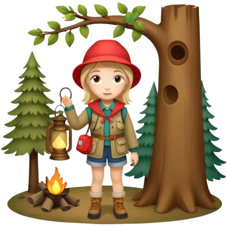 Adorable little girl in camping attire standing beside a tree holding a lantern, looks like it is made of felt texture, scrapbooking style, transparent background emoji