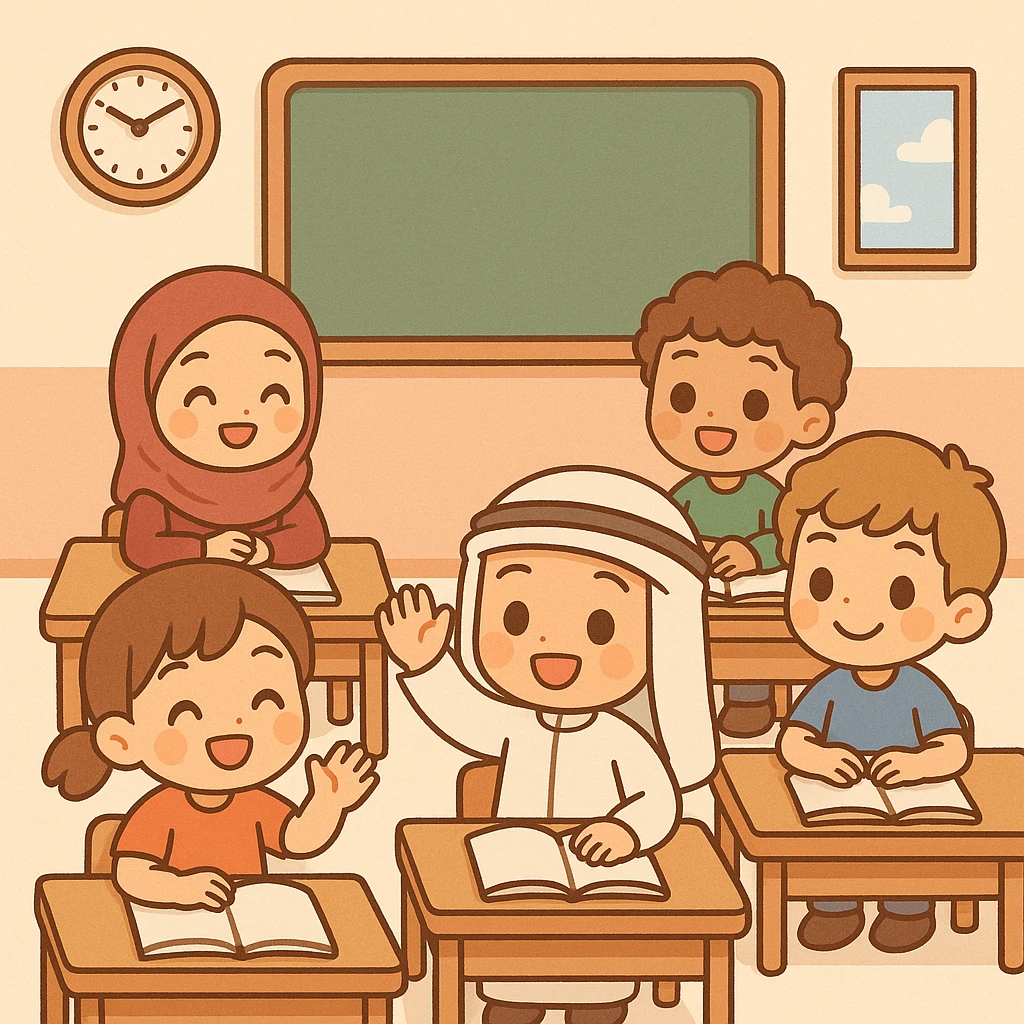 cartoon classroom scene with several children, mix of traditional Arab clothing and casual outfits, chibi style, cheerful atmosphere emoji