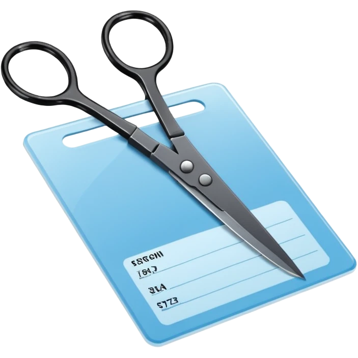 Floating black Scissors cutting a light blue idf ID card in 2 parts .hyper realistic emoji