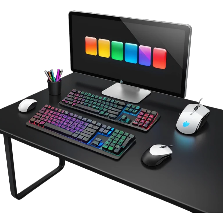 rgb gaming computer on black desk with a black keyboard and mouse emoji