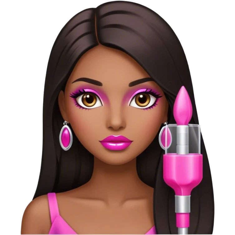 Glamorous, brown, very beautiful girl, with big pump pink lips, long long lashes, black straight smooth silky long hair, straight parting hair, brown eyes emoji