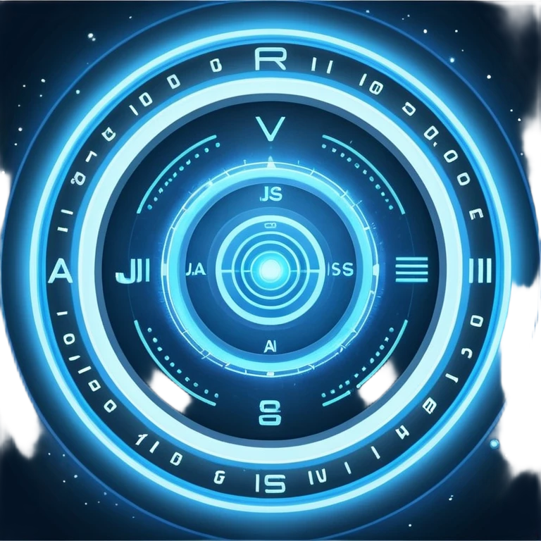 A circular blue holographic interface made of concentric rings, glowing tick marks, and data arcs, with the text “J.A.R.V.I.S.” centered, resembling a futuristic digital HUD floating in space. emoji