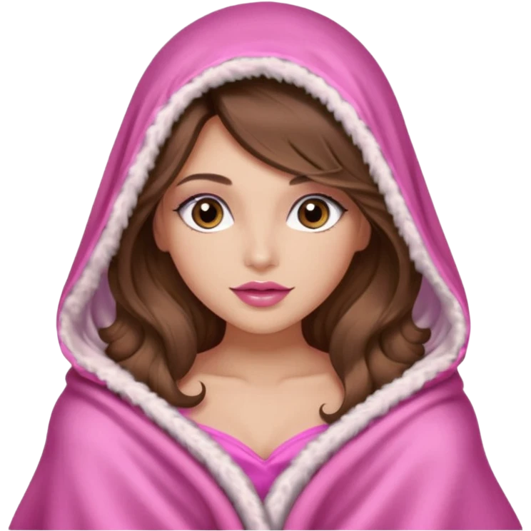 girl with long wavy brown hair, brown eyes, long lashes makeup, sexy pink lips, light to medium complexion, wearing a pink sexy silk top, big blanket over the head cozy  emoji