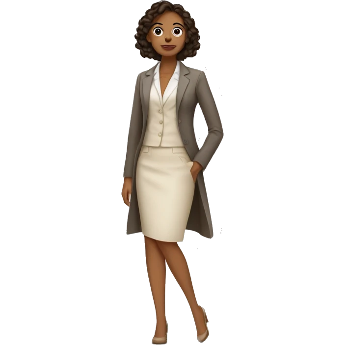 Arquitecto mujer tez blanca, cabello rizado café vestida con un traje sastre beige y mocasines contemporáneos  emoji