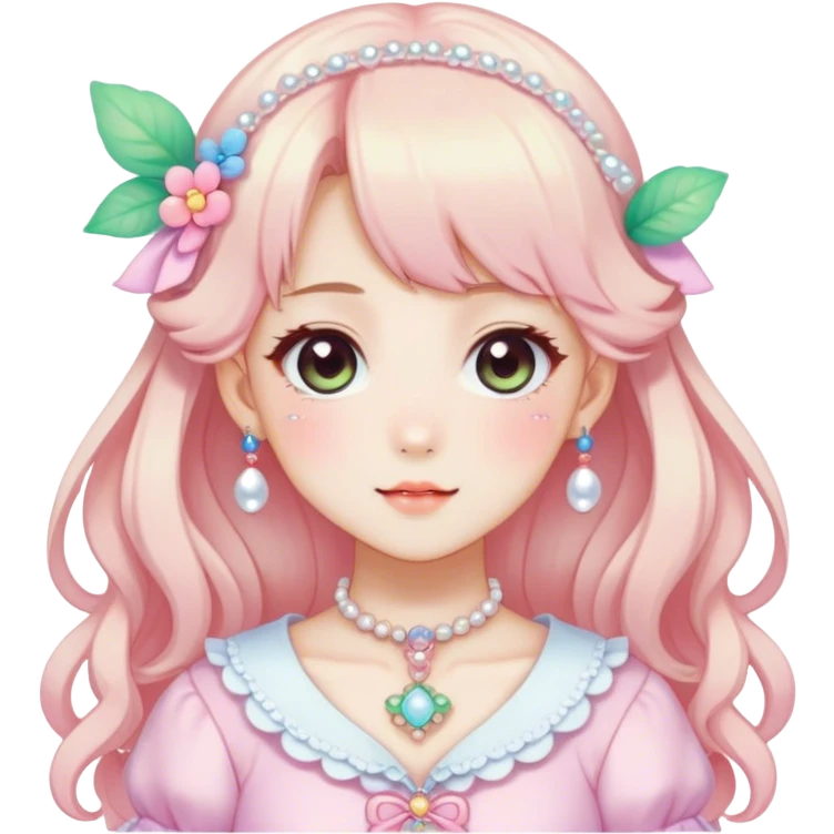 Gorgeous anime style lady with blushing face and accessories cottagecore fairycore Kawaii anime colorful pearly romantic aesthetic trending style emoji