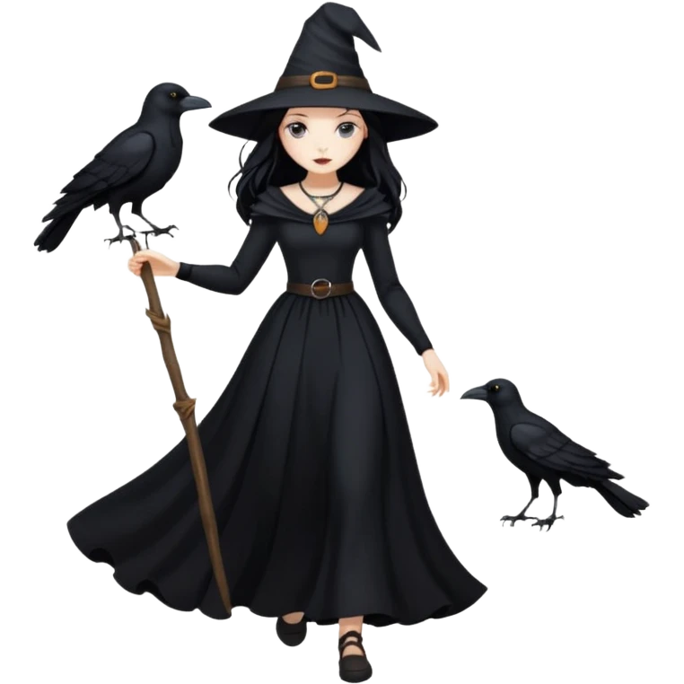 Black crow walking with a beautiful black witch emoji