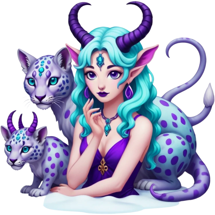 Feminine Scorpio Baphomet standing among trippy purple and teal mushrooms.. she’s petting a snow leopard  emoji