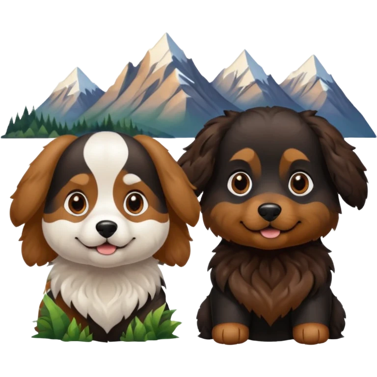 two dogs with wavy hair, one black and brown, one shades of brown, no white with mountains emoji