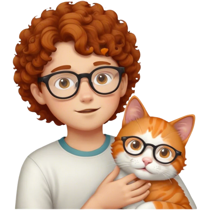 Boy with curl brown hair and glasses giga white and orange cat emoji