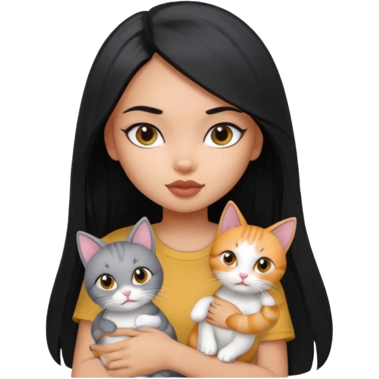 a pretty bratz dusky girl with long straight hair with 2 cats nd wearing a grey tshirt emoji