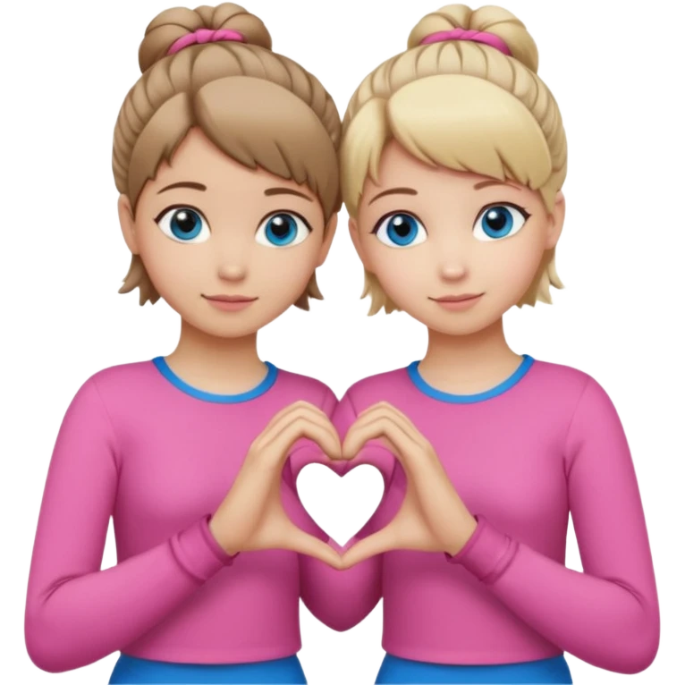 Two best friends making a heart shape with their hands together. One of them has blond hair which is shorter and the other has brown hair tied up. They are both wearing pink outfits. They both have blue eyes  emoji
