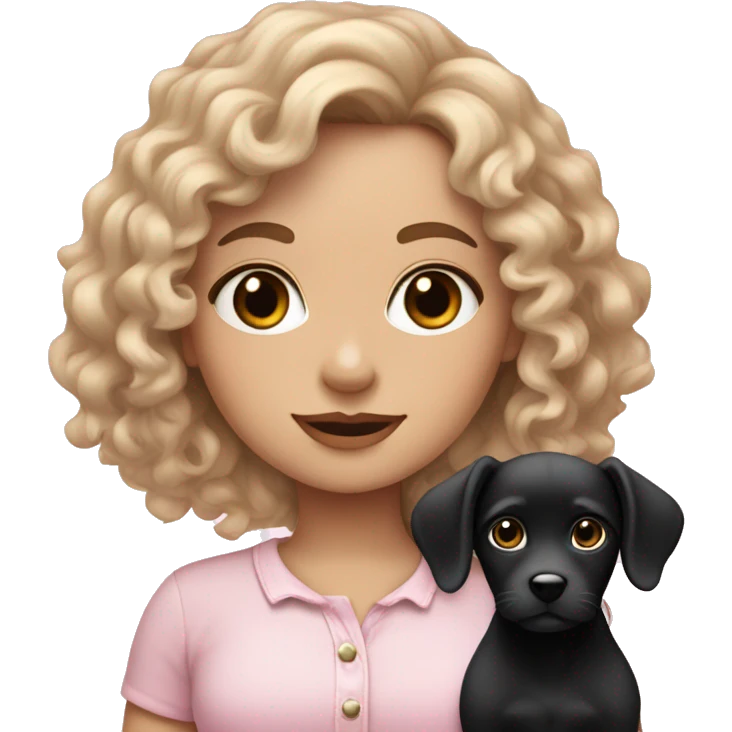 Curly white girl dressed with something soft pink with a black puppy emoji