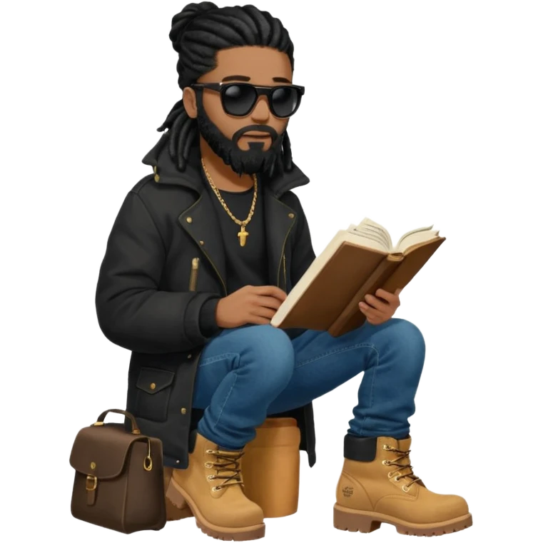 African American man with shoulder length black dreadlocks with black beard wearing black sunglasses wearing a black bubble winter coat wearing denim skinny jeans wearing wheat timberland boots reading the bible emoji