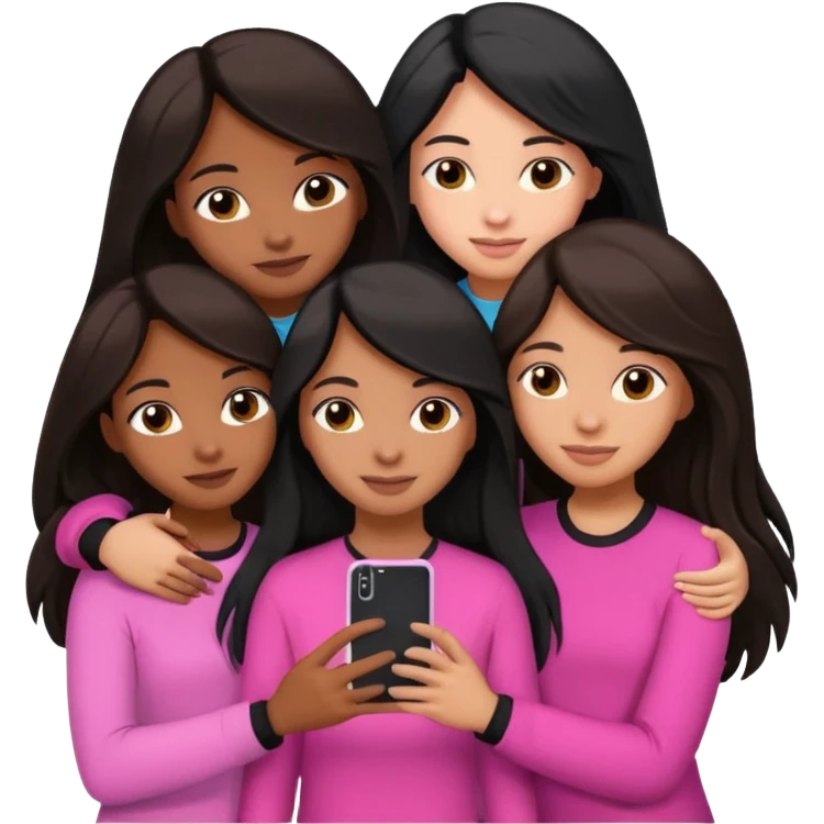 3 brown girl friends with a phone on their hand, one with black long hair light skin,  one with brown hair long and the other one with black with brown medium length hair . Wearing pink glammed up and hugging  emoji