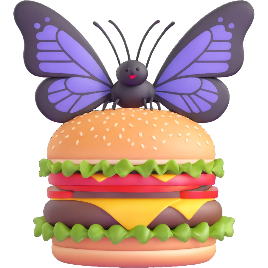 black butterfly sitting on a burger emoji